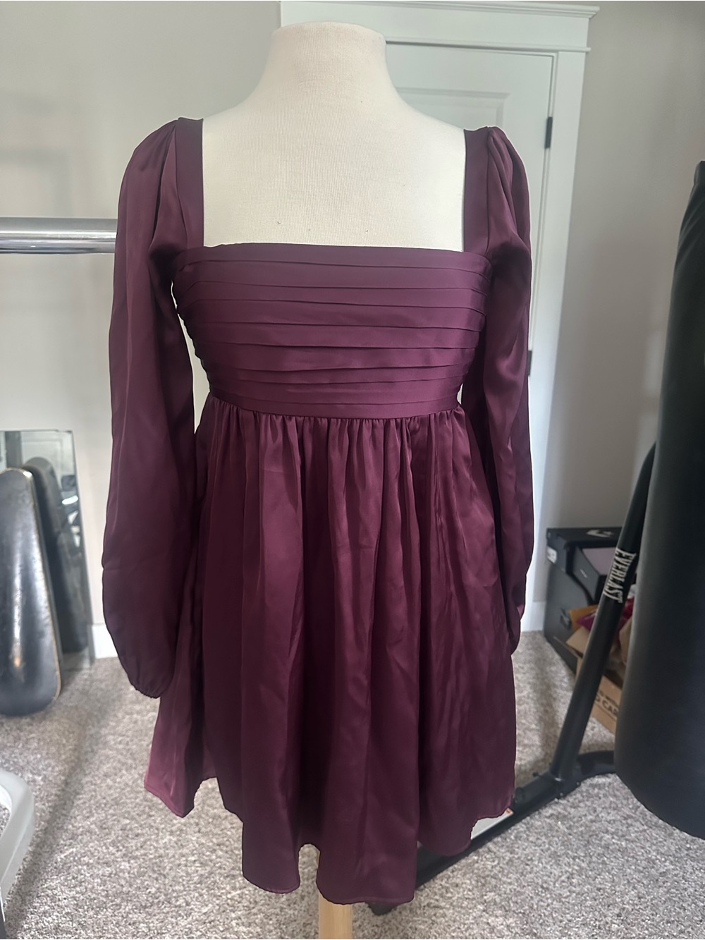 Abercrombie and Fitch Square Neck Long Sleeve Burgundy Satin like Dress.  Size s